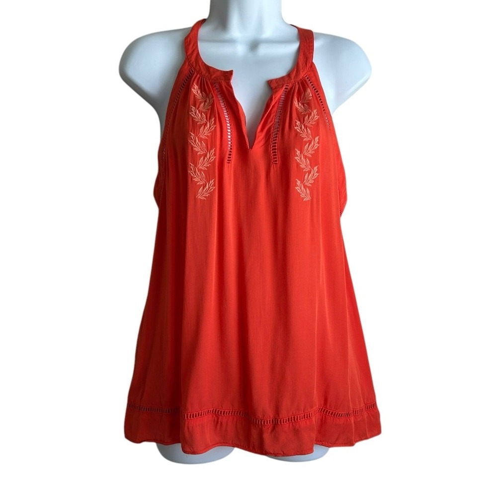 Gianni Bini‎ Women Boho Coastal Halter Top M Orange Embroidered Beachy Festival